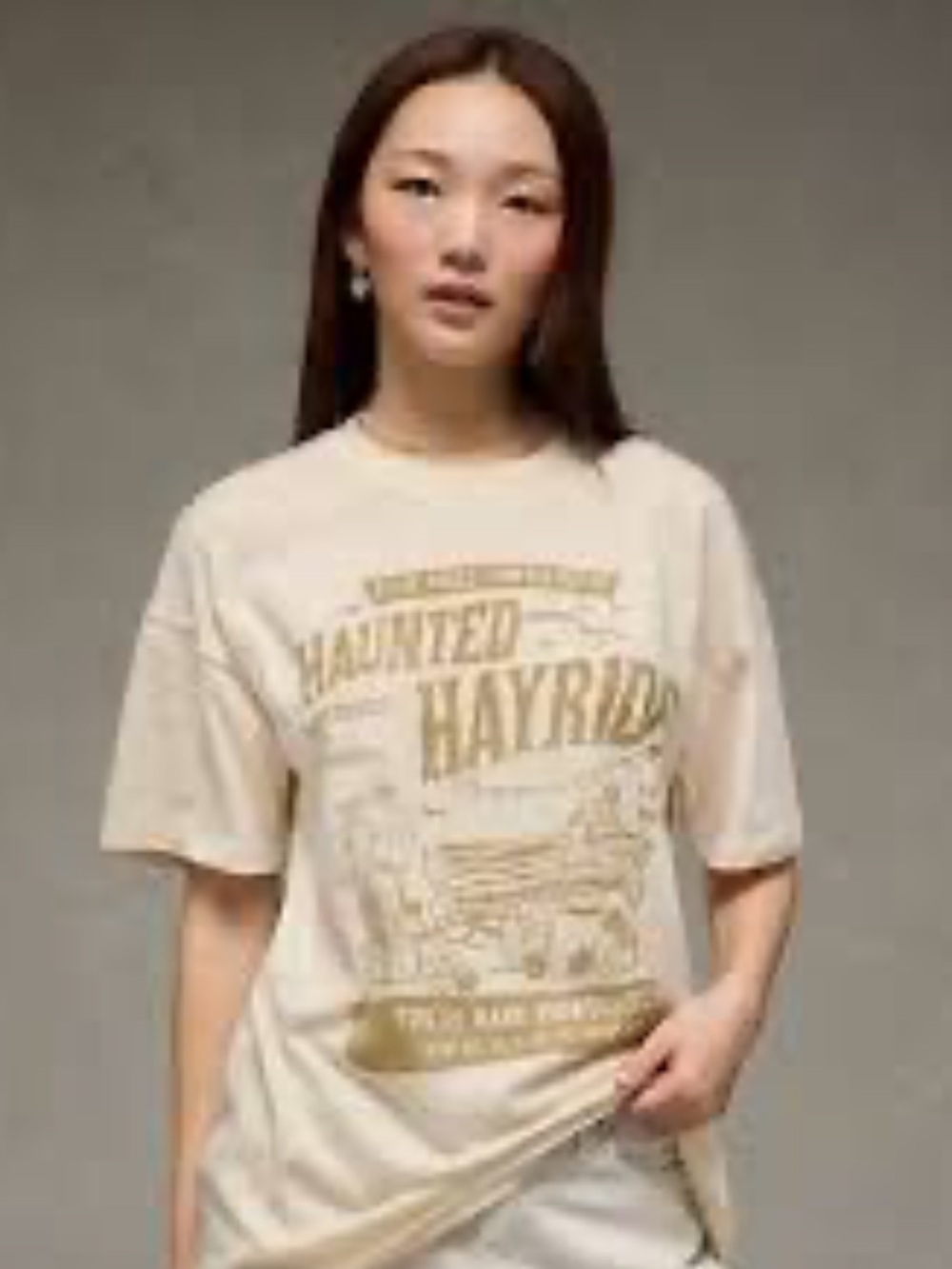 NWT AE The Halloween Shop Oversized Cream Haunted Hayride Graphic Tee